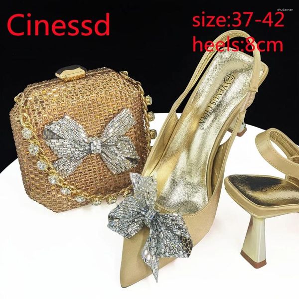 Elbise ayakkabıları yüksek kaliteli altın renkli şık nokta ayak parmağı topuk bayanlar eşleşen çanta nijeryalı kadınlar için set