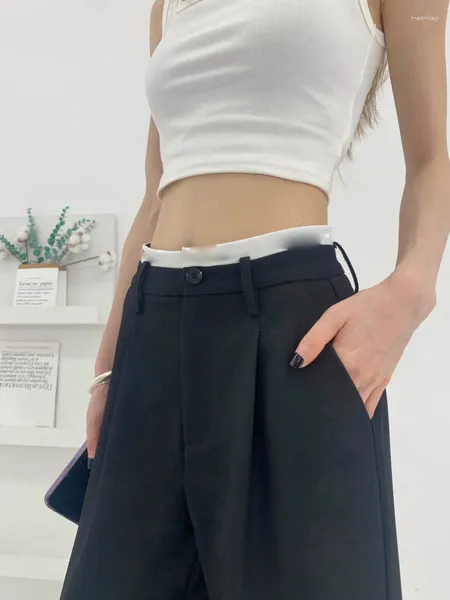 Calça feminina Black Contrast Color Terno de cintura alta mulher solta versão estreita de uma das pernas largas emagrece