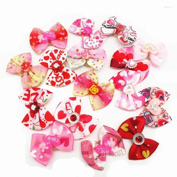 Hundekleidung 100pc/Los Haustierhaarbögen Rotrosa Pflege für Valentinstag Accessoires Gummibänder