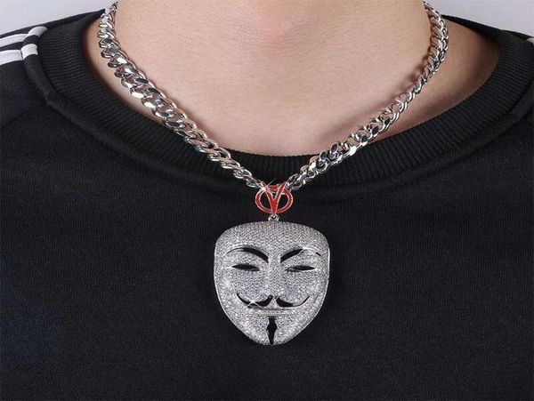 Hip Hop V für Vendetta Masken Anhänger Halsketten für Männer Frauen Luxusdiamanten Masken Anhänger Platinplatinkupfer Zirkon Kubaner Chai8622386