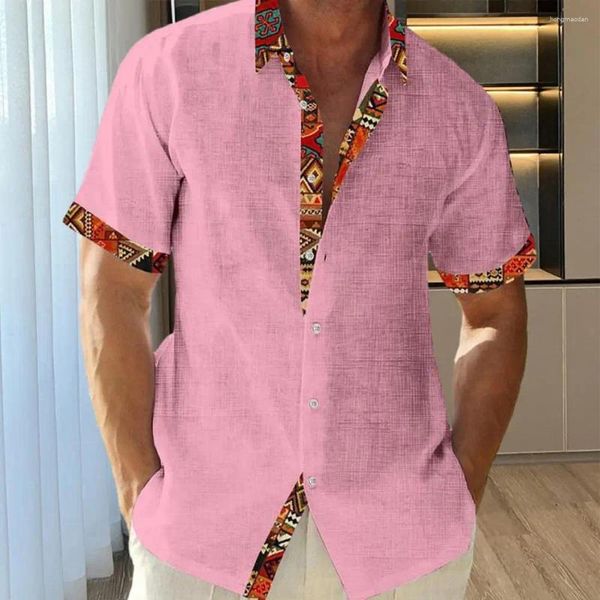 Camisas casuais masculinas Men Cuff Packet Shirt Summer elegante com colar de colarinho curto de colar de colar