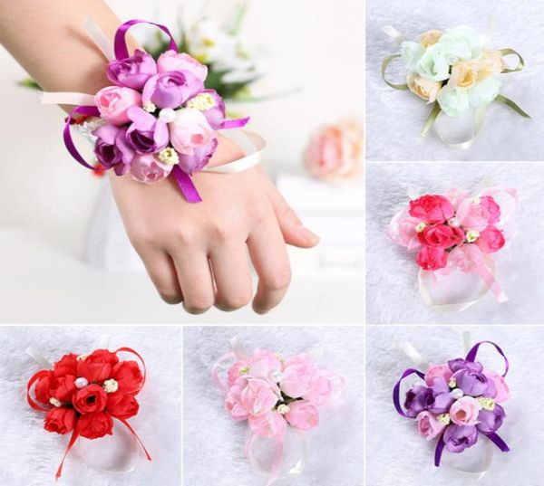 Casamento Bridesmaid Corsage Bracelet Flor Flor Mão e Boutonnieres Silk Rose Flowers Bouquet Acessórios 20pcs7014805