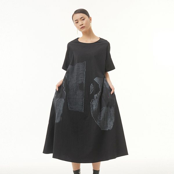 2024 Yaz Yeni Büyük Kadın Gevşek ve İnce Street Modaya Mod Mm Kısa Kollu Diz Elbise