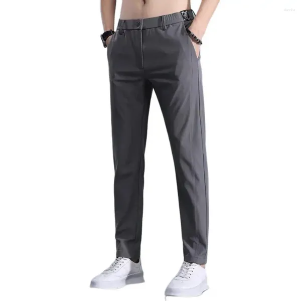 Pantaloni maschili maschi eleganti pantaloni a colore solido slim fit con cerniera chiusura abiti da maschio estate secco rapido