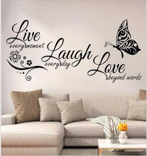 Vivo Laugh Love Butterfly Flower Wall Art Adesivo per pareti moderne Dichiarazioni Quote di vinile adesivi adesivi decorazioni per la casa soggiorno 1095224