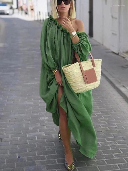Lässige Kleider Frauen einteilige Kragen Spitze Langarm Maxi Kleid 2024 Modische Feste Farbe von Schulter Vintage Elegante Frau