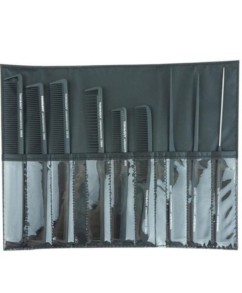 TG 9 PCS Pro Salon Saç Styling Kesme Karbon Antistatik Berberler Detlangla Kirletme Kuaförlük Karbon Taraklar Cüzdanda Set2850984