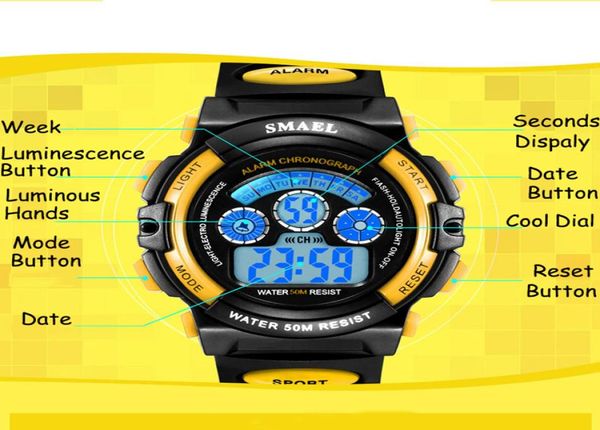 2020 SMAEL KINDERS Uhren Jungen Quarz Armbanduhren Schüler Sport Uhren 50m wasserdichte Wecker 0508 Kinder Uhren LED DIGITA9092761