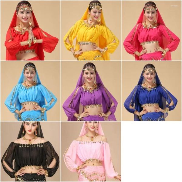 Desgaste do palco Trajes de dança da barriga oriental de Bollywood Professora Mulheres Clothes Sari Tribal Top Lanques Longas Tailândia Árabe