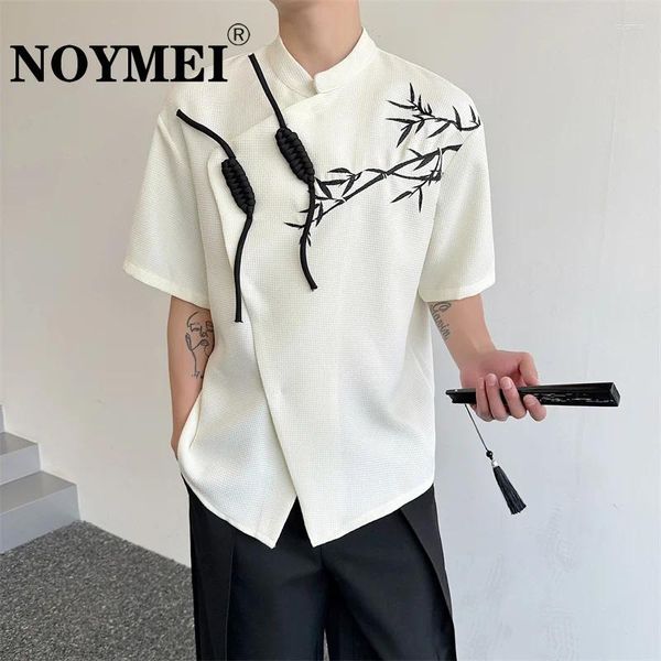 Camisas casuais masculinas noyymei stand colar verão estilo chinês masculino bambu bordado contraste o botão de nó de cor vintage de manga curta