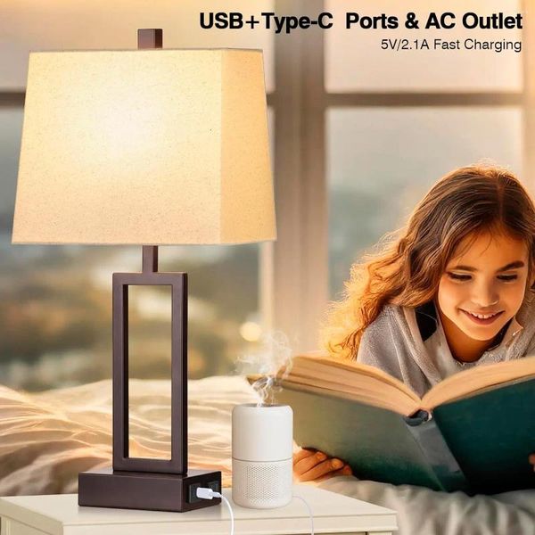 Lampade da tavolo Set di controllo tocco di 2 moderno letto marrone con porte USB A C Outlet a 3 vie Dimmabile