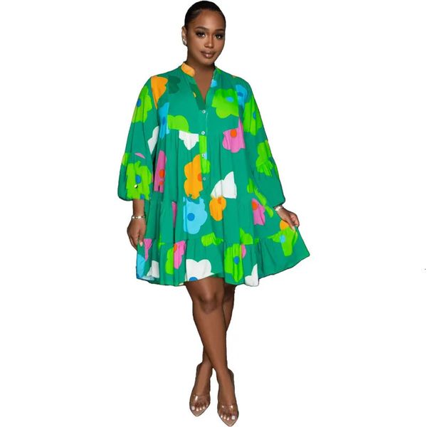 2023 Spring Autumn Africana Mulheres elegantes de manga longa Vneck Polyster Printing Preto Vestido Branco Verde S2XL 240426