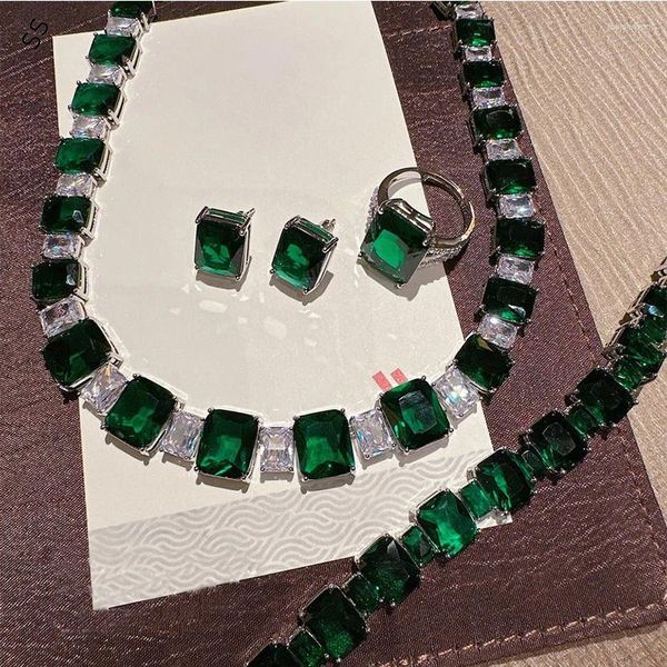 Brincos de colar Definir Emerald One Row Gem Antique Malaquita Verde Rectangular Jóia de Jóia de 4 Peças Pulseira Anel de Brincho