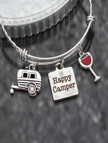 8pcslot Happy Camper Bracelet Gift Camping RV Travel Trailer Charm de aço inoxidável Bagão ajustável Jóias Glamping Gift2865298