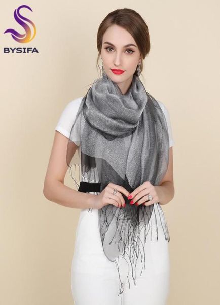 Новый элегантный органза Шелковый шарф Шаль мода 100 шелковая серебряная серебряная серая женщина с длинными шарфами