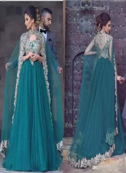 Vestidos de noite em árabe verde de novo caçador aplicados vestido de festas de renda indiana longa com capa79699172461920