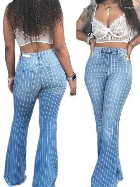 Jeans feminino 2024 Mulher listrada de moda Flare elástico magro jea