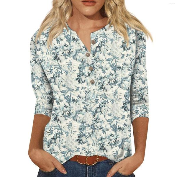 Camisetas femininas Prinha de moda de gola de botão 3/4 Mangas Retro T-shirt Slim Top Tops Casuais Trends de camisa personalizada