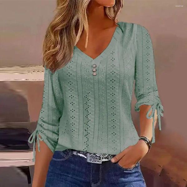 Blouses feminina Mulheres Mulheres Spring Lace Solid Color Hollow Out Applique V Pescoço de manga comprida Decoração Strap camiseta solta casual