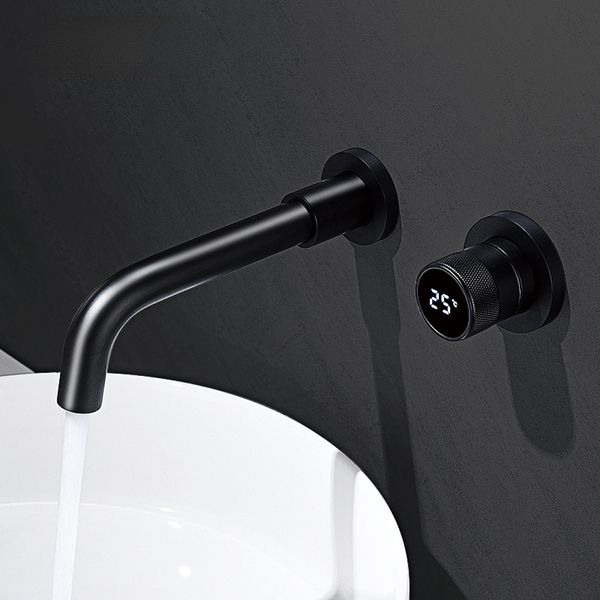 Schwarzer Badezimmer Wasserhahn einfach intelligentes Digital Display Einer Griff kalt und heiße Dual Control Messing Wandtyp Basin Wasserhahn