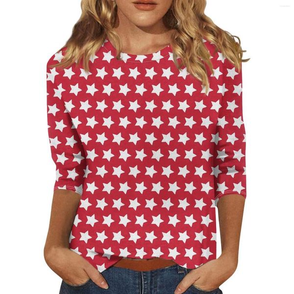 Camisetas femininas 3/4 de manga para mulheres Independence Print Tees Graphic Bloups Casual Plus Size Tops Basic Pullover Summer Top Top