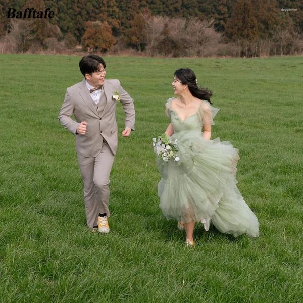Partykleider Bafftafe Fairy Grüne weiche Tüll Korea Frau Prom abgestufte Rockfalten Schnürung Rücken Abendkleider Hochzeitskleid