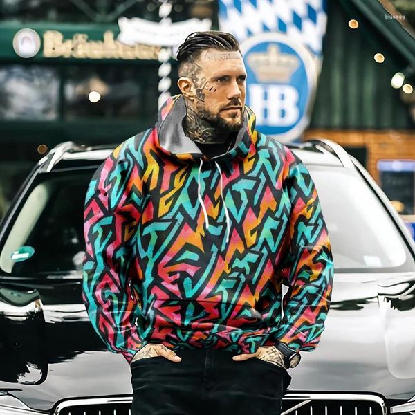 Moletons masculinos outono e inverno moda cool colorida retro capuz masculino homem 3D Pullover digital Pullover divertido suéter de rua