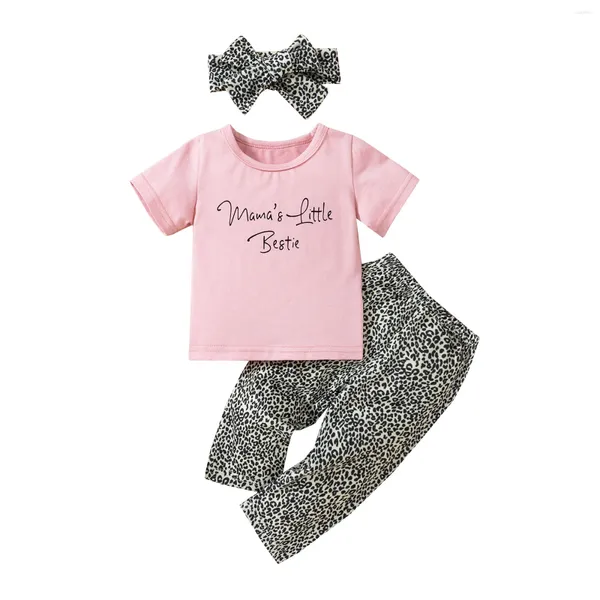 Giyim setleri bebek kız pantolonlar set mektuplar yazdırır kısa kollu mürettebat boyun tişört leopar uzun ve saç bandı