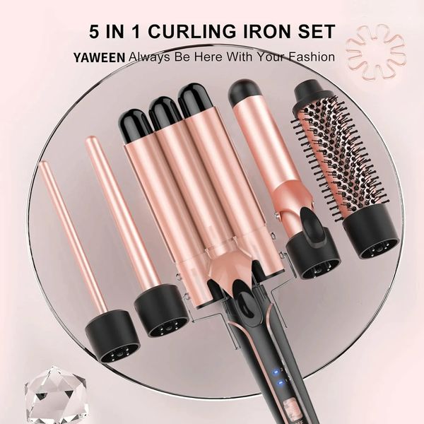 Conjunto de ferro de curling 5 em 1 varinha de varinha intercambiável Tripla e Curamic Curl 240423