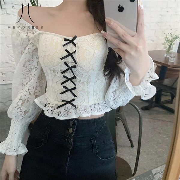 Camicette da donna Heydress Casual Hollow Out Slim Chiffon Blouse 2024 Summer Patchwork Kawaii Donne Eleganti Designer di prua Sweet Bow Tops coreano