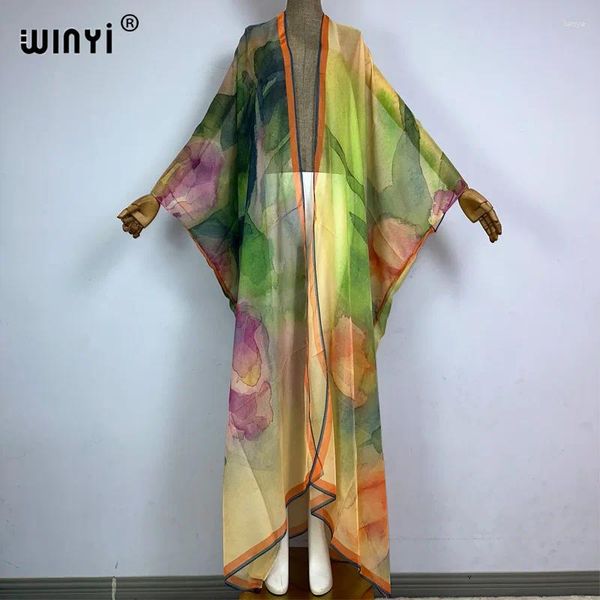 Kimono Boho Stampa Prospettiva sexy Coat Floor Dress Long Beach Wear Cash-Ups Elegant Holiday Autfit per donne