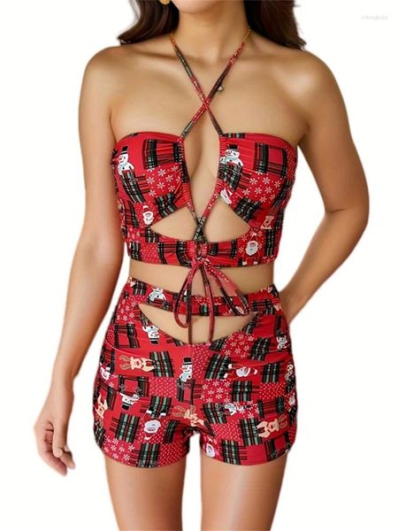 Swimwear femminile Sexy Red Christmas Stampa Bikini Set 2024 Donne Halter Hollow Out Cross Cross Criss Up Up High Waist Swimsuit Bareding Adday