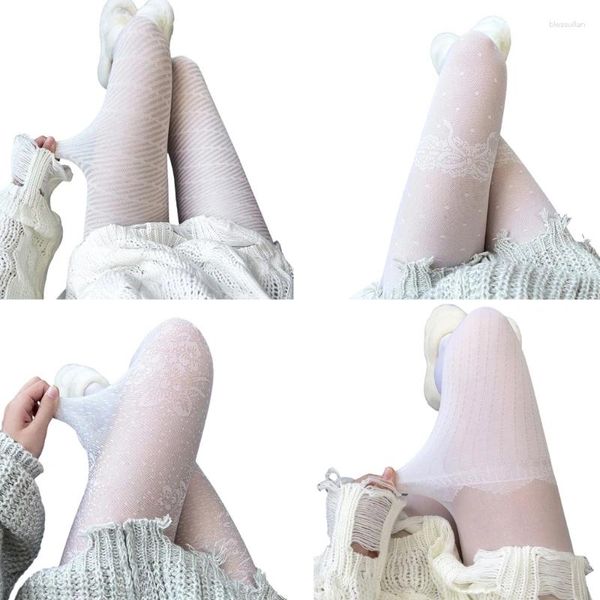 Mulheres meias pontos vintage calças -calças brancas japoneses com padrão de meia -calça de renda doce