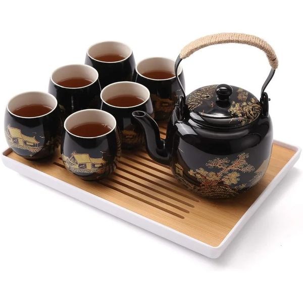 Japonês lindo chá asiático de porcelana preto com 1 bule 6 xícaras Bandeja Infusor inoxidável para adultos 240428