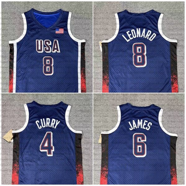 2024 Team USA Kawhi Leonard 6 James 4 Stephen Curry Team US Paris Mens Blue Basketball Maglie stampate