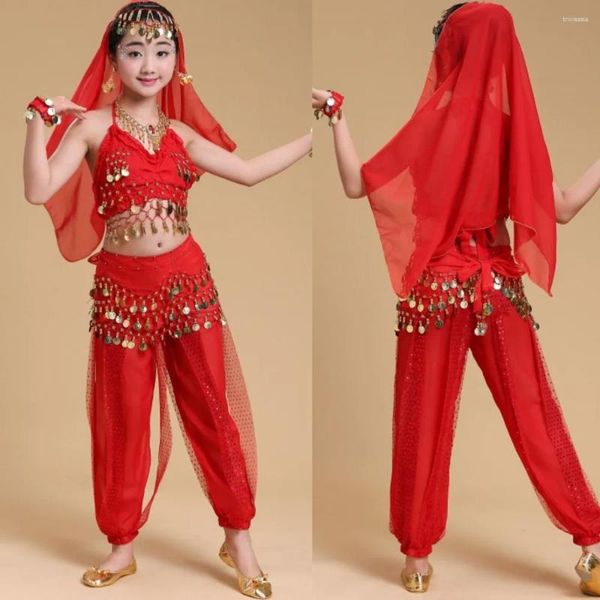 Desgaste do palco de 6pcs Fantas de dança da barriga do Belly Carnaval Egito Belt Kids Kids India Dancing Girls Bollywood Performance BellyDance Conjunto