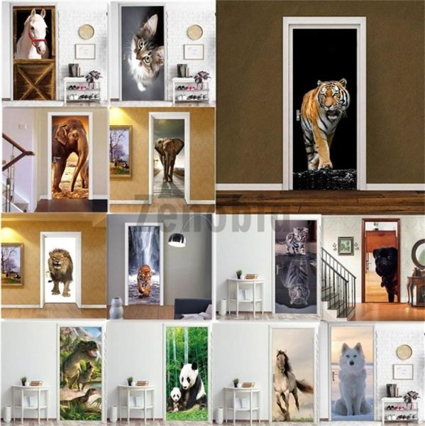 Animal Pvc Wallpaper Adesivo auto adesivo 3D Adesivo Tiger Cavallo Elefante Panda Murale Decorazioni per la casa Rimovibile Decal Decal Deur Sticker 219197446