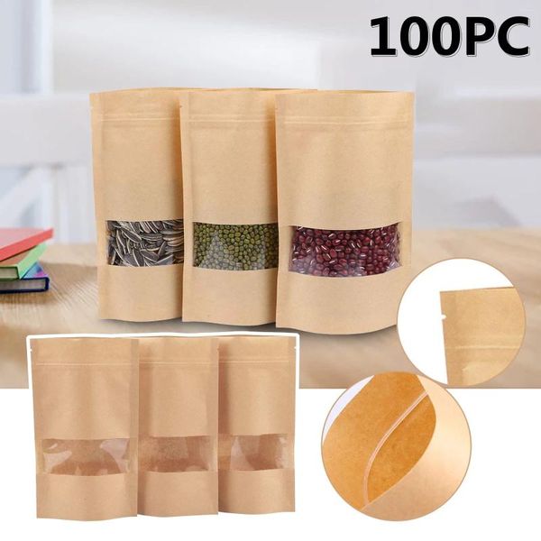 Sacos de armazenamento 100pcs selváveis Stand Up Kraft Paper com alimentos para janelas foscas para produtos de embalagem reutilizáveis