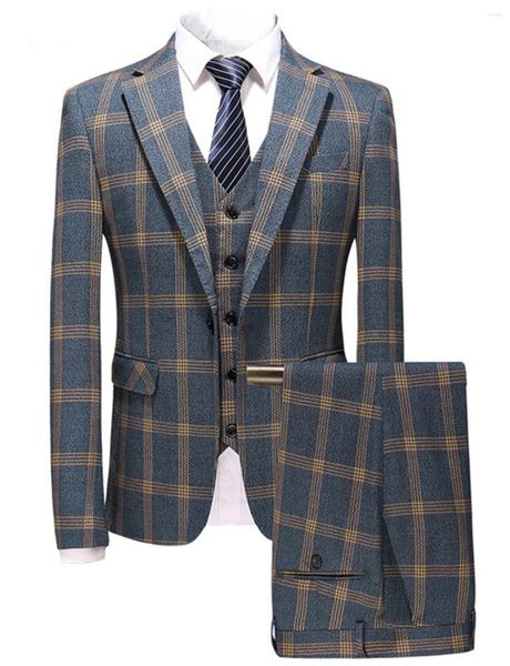 Ternos masculinos Plaid 3 peças Terno de casamento One Button Casel