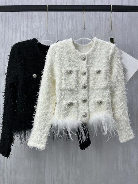 Jackets femininos Moda Button Gold Button White Tweed Coat Autumn Winter Woman Roupas de penas destacáveis Taxel preto