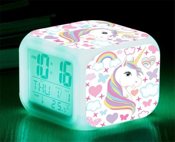 Cartoon Unicorn despertador LED LED DIGITAL REGLINGS CRIANÇAS CROLENTE ALUNE RELÓGIO 7 COR MUDANÇA NOTIDO TERMOMETRO LIGHT GREST1388866