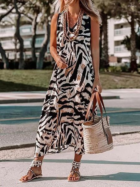 Lässige Kleider Sommer Frauen Loungewear gedruckt Feiertagskleider Ärmeloses Mode Elegantes Patchwork Maxi V-Ausschnitt einfache lose Damen
