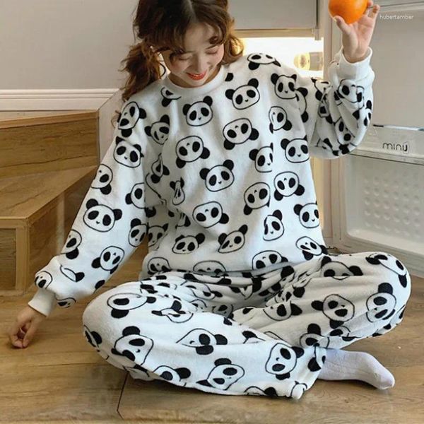 Kadın pijama sonbahar kış kadınları tatlı pijama setleri uzun kollu üst ve pantolon panda baskı sevimli mercan polar sıcak girly yumuşak pijamalar