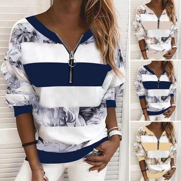 Blouses femininas Mulheres simples Moletomart Sorto à prova de vento espesso outono floral listrado de impressão digital zíper colar jumper toucha de pele