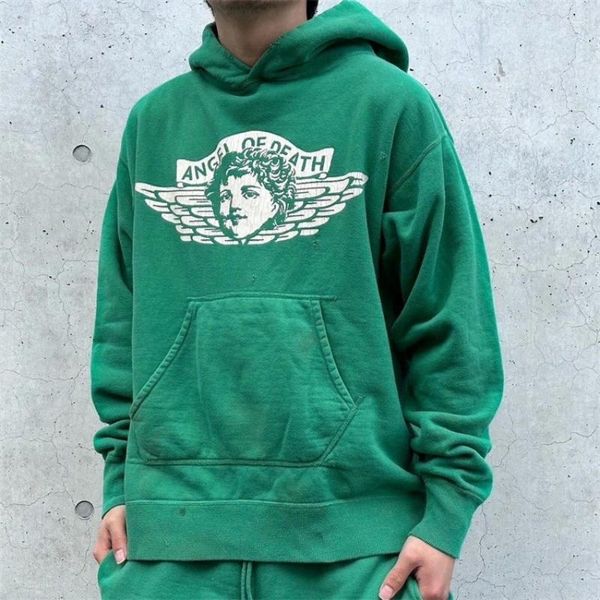 Hoodies masculinos 2024 Angel de impressão de morte de alta qualidade capuz verde vintage para homens harajuku suéter danificado com calça de algodão solta roupas