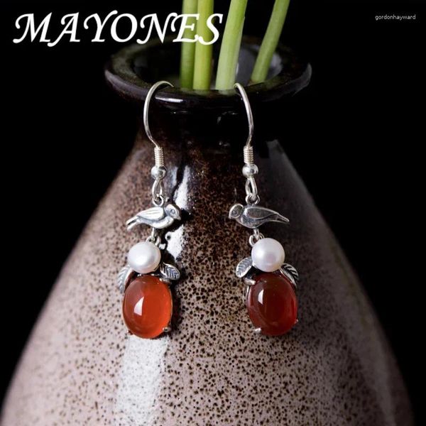 Dangle Ohrringe Mayones Chinesischer Stil 925 Silber natürlicher Perle Vogelblattohr Haken handgefertigt rotes Achate Frauen Schmuck EH09