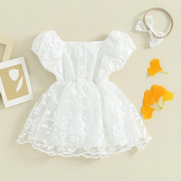 ROMPERS 0-18 MONTHS Baby Girls Dress Flower Sticked Puff Sleeve Tüll-Spielanzug für Saumbodys mit Stirnband