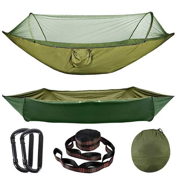 Hammocks Equipamento de acampamento Hammock com mosquito pop-up automático NET Cadeira de rede dupla portátil com tiras de árvore 12loops