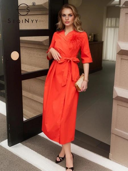 Платья для вечеринок Seqiny Orange Red Midi платье Summer Spring Fashion Feather Brooch Lake Casual Belt High Street Half -рукав