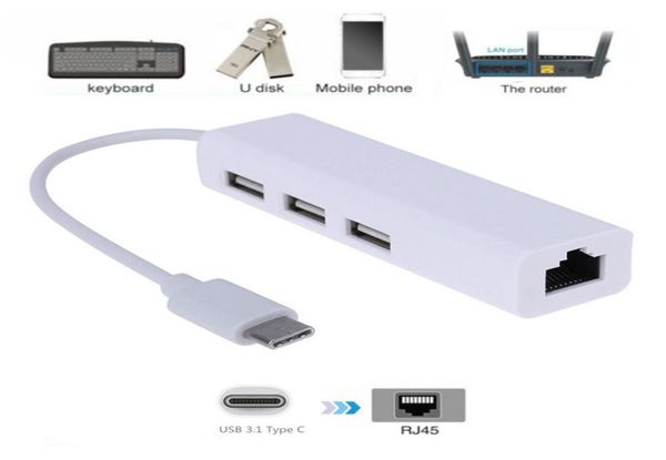 USB31 TIPEC TO RJ45 Adaptador de rede de rede Ethernet RJ45 3 Porta USB 31 Hub para MacBook Tablet PC Phone3803161